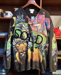 90's〜【USA製】ビンテージ【KOLORWAY】【動物】アニマル柄 ハンドペイント【Vネック】コットンセーター【サイズL】 