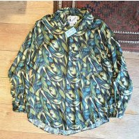 90's【ビンテージ】グーチ【goouch】【総柄 緑×黄色】【シルクシャツ】【サイズM】 