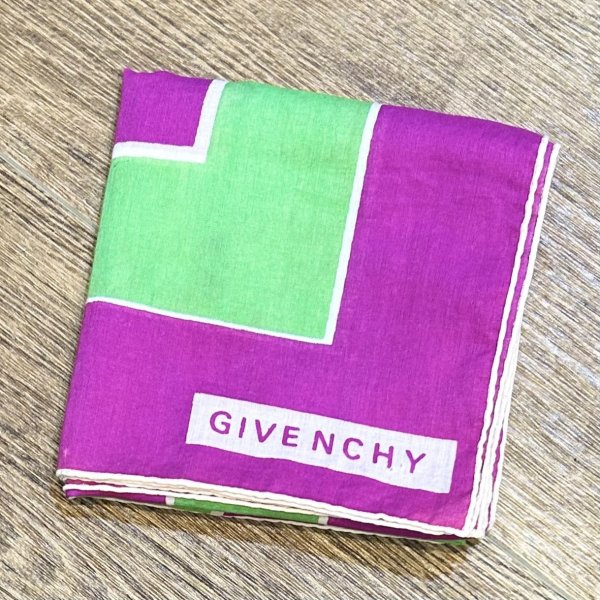 画像1: 70's~【ビンテージ】GIVENCHY オールド【ジバンシー】黄緑ｘ紫【スカーフ】ハンカチ 