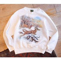 90's~ USA製【ビンテージ】【Leaps & Bounds】【Whitetail Deer】【HOME TEAM】オジロジカ 鹿プリント【イラストスウェット】【サイズL】 