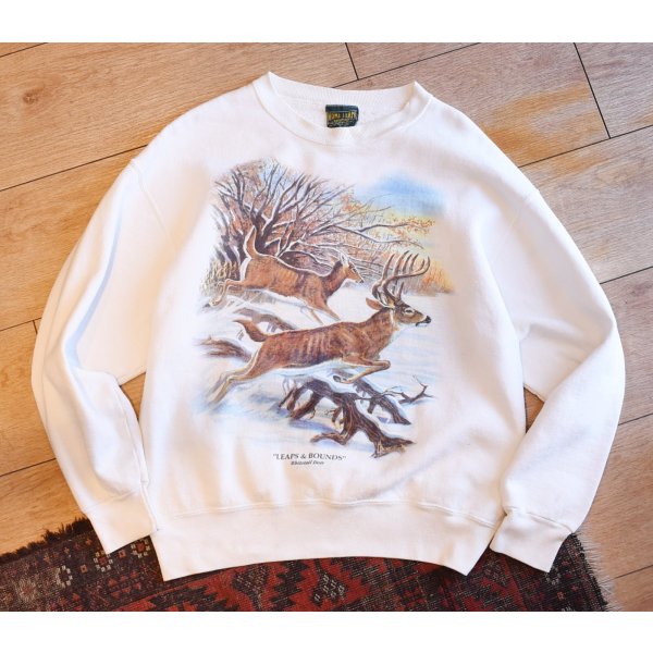 画像1: 90's~ USA製【ビンテージ】【Leaps & Bounds】【Whitetail Deer】【HOME TEAM】オジロジカ 鹿プリント【イラストスウェット】【サイズL】 