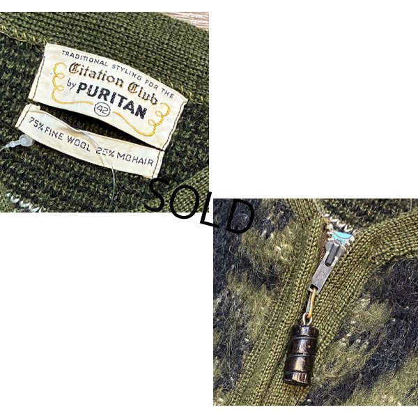 画像2: 70's~【ビンテージ】【PURITAN】ピューリタン 緑×黒×赤【アーガイル】【モヘアカーディガン】サイズ42 