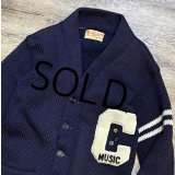 50's【ビンテージ】【Stadium Sportswear】MUSIC【紺】【ウール】ローゲージカーディガン【レタードカーディガン】S程度 