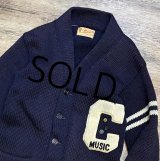 50's【ビンテージ】【Stadium Sportswear】MUSIC【紺】【ウール】ローゲージカーディガン【レタードカーディガン】S程度 