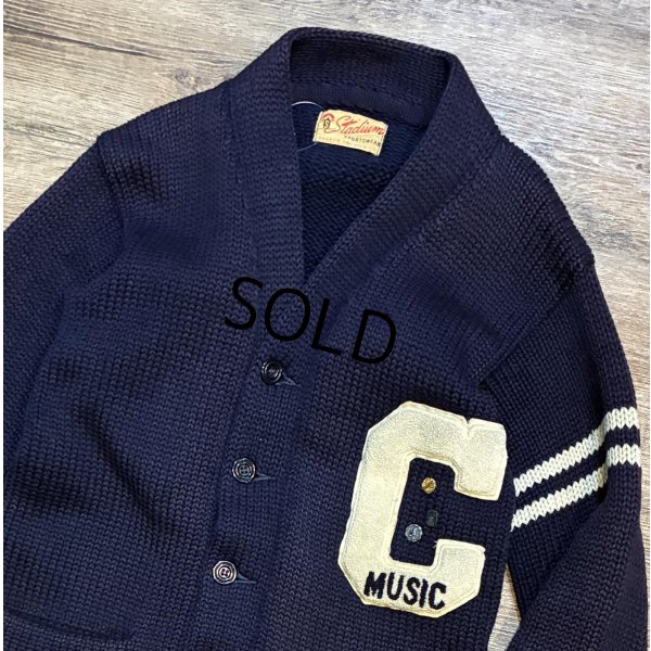 画像1: 50's【ビンテージ】【Stadium Sportswear】MUSIC【紺】【ウール】ローゲージカーディガン【レタードカーディガン】S程度 