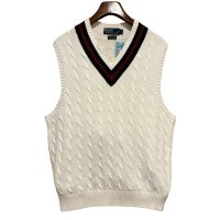 ほぼ未使用 ビンテージ【ラルフローレン】【白×紺×青ライン】Vネック【コットンニットベスト】【サイズL】 