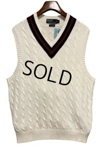 ほぼ未使用 ビンテージ【ラルフローレン】【白×紺×青ライン】Vネック【コットンニットベスト】【サイズL】 