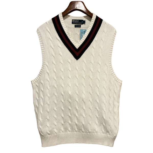 画像1: ほぼ未使用 ビンテージ【ラルフローレン】【白×紺×青ライン】Vネック【コットンニットベスト】【サイズL】 