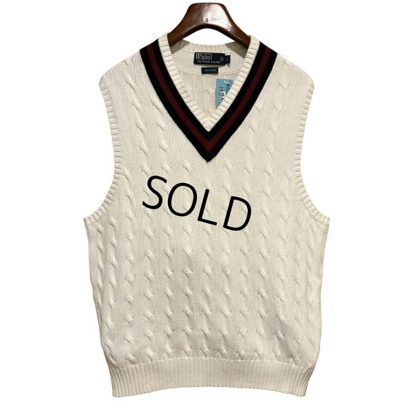 画像1: ほぼ未使用 ビンテージ【ラルフローレン】【白×紺×青ライン】Vネック【コットンニットベスト】【サイズL】 