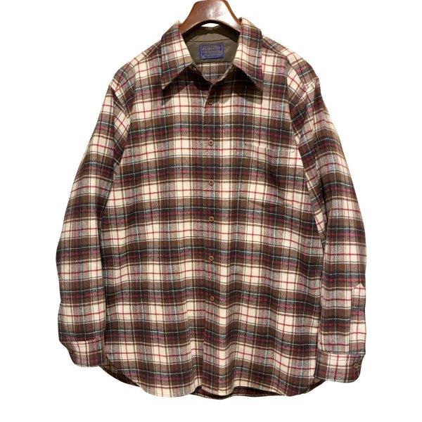 画像1: 程度良好!! 70's【USA製】【ビンテージ】【ペンドルトン】Pendleton【ブラウンｘ赤×白】【チェック】【ウールシャツ】【サイズＸＬ】 