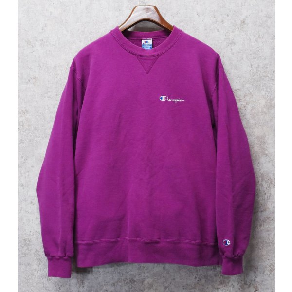 画像1: 90's【ビンテージ】【USA製】Champion【チャンピオン】【紫】無地【前Ｖ】胸ロゴ入り クルーネック【スウェット】【サイズXXL】 