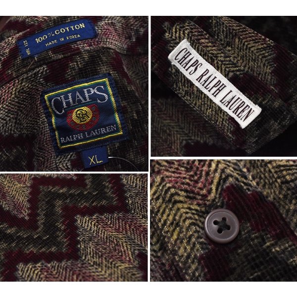 画像2: 【CHAPS】チャップス【ラルフローレン】【POLO ralph lauren】【エンジ×緑】模様プリント ボタンダウン【コーデュロイシャツ】【サイズXL】 