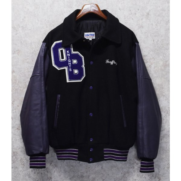 画像3: UNITED SPORT APPAREL【ビンテージ】【黒メルトンｘ紫レザー】【OLD BRIDGE】【スタジャン】【サイズL】 