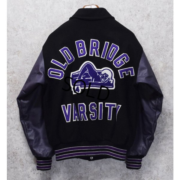 画像1: UNITED SPORT APPAREL【ビンテージ】【黒メルトンｘ紫レザー】【OLD BRIDGE】【スタジャン】【サイズL】 