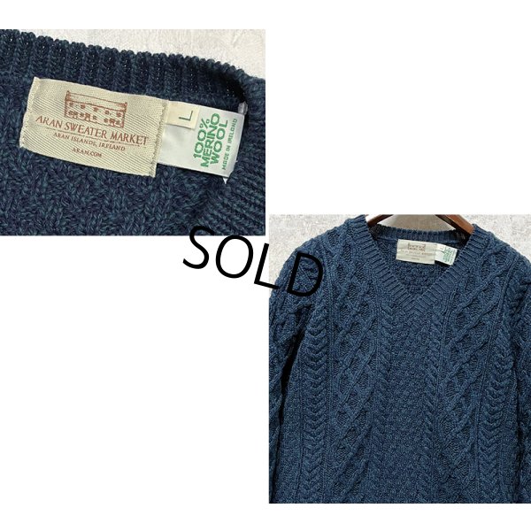 画像2: ほぼ未使用!!【アイルランド製】ビンテージ【ARAN SWEATER MARKET】【紺】マーブル 【Vネックセーター】アランセーター 【サイズL】  