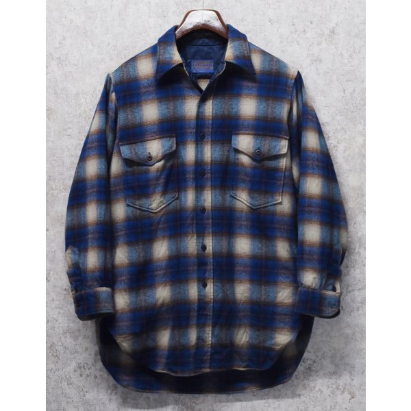 画像1: 程度良好!! 〜80's【USA製】【ビンテージ】【ペンドルトン】Pendleton【青ｘベージュ】【シャドーチェック】【ウールシャツ】【サイズＭ】 