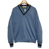 90's【イタリー製】ビンテージ【PRONTO UOMO】プロントウォモ【青ｘ紺ライン】コットンｘレーヨン Vネックセーター 【サイズL】  