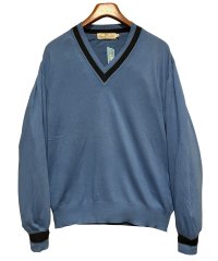 90's【イタリー製】ビンテージ【PRONTO UOMO】プロントウォモ【青ｘ紺ライン】コットンｘレーヨン Vネックセーター 【サイズL】  