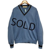 90's【イタリー製】ビンテージ【PRONTO UOMO】プロントウォモ【青ｘ紺ライン】コットンｘレーヨン Vネックセーター 【サイズL】  