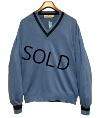 90's【イタリー製】ビンテージ【PRONTO UOMO】プロントウォモ【青ｘ紺ライン】コットンｘレーヨン Vネックセーター 【サイズL】  