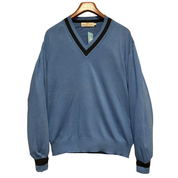 画像1: 90's【イタリー製】ビンテージ【PRONTO UOMO】プロントウォモ【青ｘ紺ライン】コットンｘレーヨン Vネックセーター 【サイズL】  