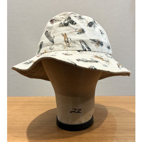 画像1: 程度良好!! USA製【ビンテージ】生成りｘルアー 総柄【コットン】毛ばり 釣り【バケットハット】【サイズM】 