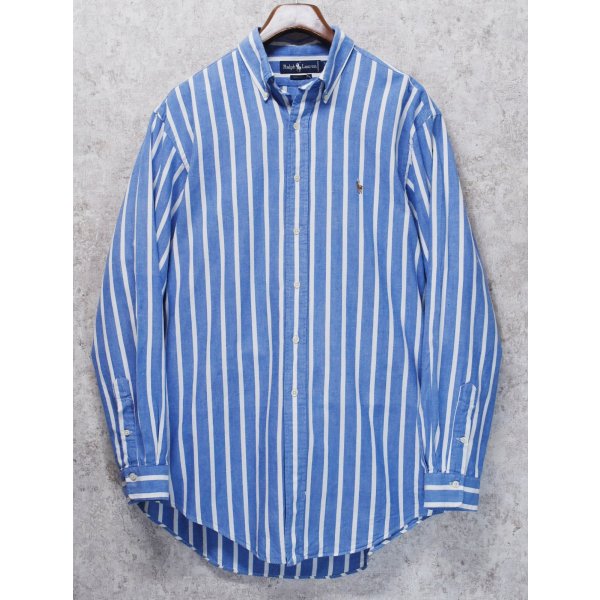 画像1: ビンテージ【ラルフローレン】POLO ralph lauren  青ｘ白 ストライプ ボタンダウン【コットンシャツ】【US 16 1/2-34】 