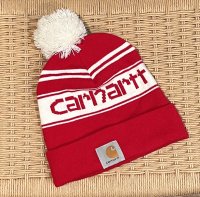 【ビンテージ】【carhartt】【カーハート】【赤×白】【ロゴ入り】 【ニットキャップ】ポンポン付き 【ニット帽】  