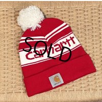 【ビンテージ】【carhartt】【カーハート】【赤×白】【ロゴ入り】 【ニットキャップ】ポンポン付き 【ニット帽】  