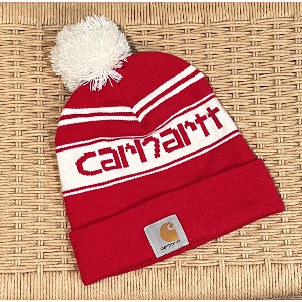 画像1: 【ビンテージ】【carhartt】【カーハート】【赤×白】【ロゴ入り】 【ニットキャップ】ポンポン付き 【ニット帽】  