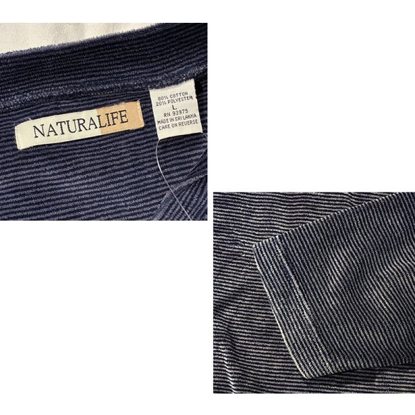 画像2: ビンテージ【NATURALIFE】ネイビーｘ紫【マイクロボーダー】【ベロア】【ＶネックロンＴ】【サイズＬ】 