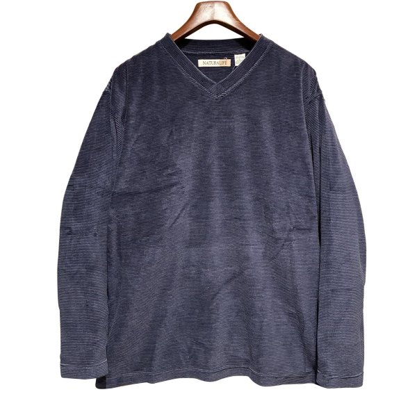 画像1: ビンテージ【NATURALIFE】ネイビーｘ紫【マイクロボーダー】【ベロア】【ＶネックロンＴ】【サイズＬ】 