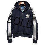 【ビンテージ】【アディダス】adidas【紺×白ライン】フード付き ジャージ【トラックジャケット】【トラックジャージ】【サイズM】 