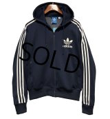 【ビンテージ】【アディダス】adidas【紺×白ライン】フード付き ジャージ【トラックジャケット】【トラックジャージ】【サイズM】 