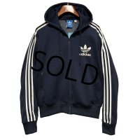 【ビンテージ】【アディダス】adidas【紺×白ライン】フード付き ジャージ【トラックジャケット】【トラックジャージ】【サイズM】 