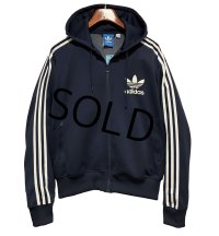 【ビンテージ】【アディダス】adidas【紺×白ライン】フード付き ジャージ【トラックジャケット】【トラックジャージ】【サイズM】 