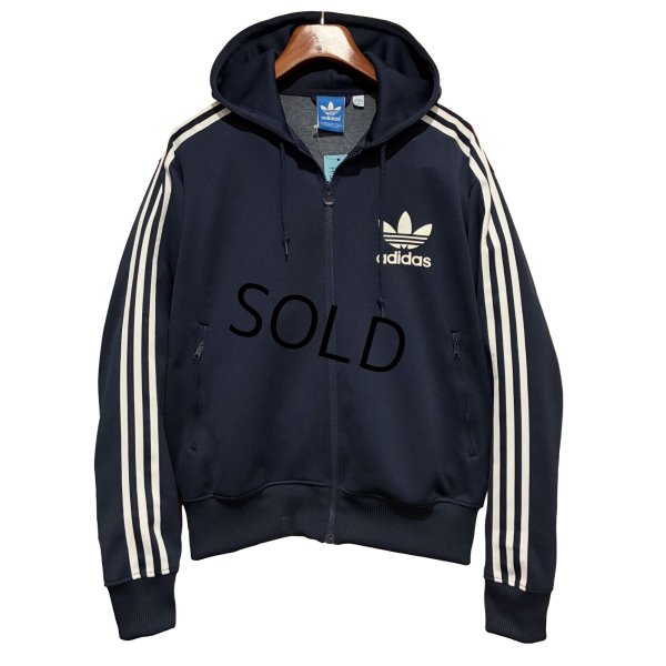 画像1: 【ビンテージ】【アディダス】adidas【紺×白ライン】フード付き ジャージ【トラックジャケット】【トラックジャージ】【サイズM】 
