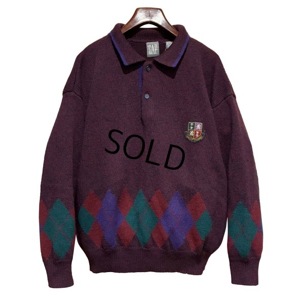 画像1: 90's~【ビンテージ】【オールドギャップ】【GAP】【ワインマーブル×アーガイル】【ヘンリーネックセーター】ウールセーター【サイズXL】 