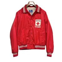 アメリカンレッドクロスとライフガードの関係記入！！〜90'ｓ【ビンテージ】Champion【チャンピオン】RED CROSS レッドクロス 赤十字 LIFEGUARD【赤】【ナイロンスタジャン】【サイズM】 