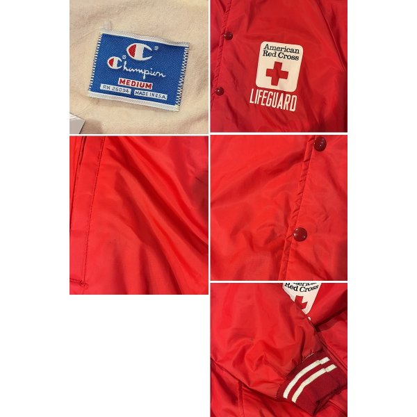 画像2: アメリカンレッドクロスとライフガードの関係記入！！〜90'ｓ【ビンテージ】Champion【チャンピオン】RED CROSS レッドクロス 赤十字 LIFEGUARD【赤】【ナイロンスタジャン】【サイズM】 