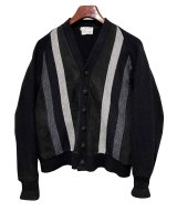 70’s ビンテージ【WOOL】ウール【スエードｘグレーｘチャコールｘ白】ライン 黒 カーディガン【サイズＳ】 