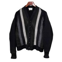 70’s ビンテージ【WOOL】ウール【スエードｘグレーｘチャコールｘ白】ライン 黒 カーディガン【サイズＳ】 
