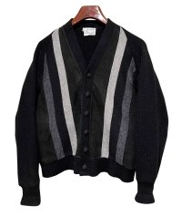 70’s ビンテージ【WOOL】ウール【スエードｘグレーｘチャコールｘ白】ライン 黒 カーディガン【サイズＳ】 