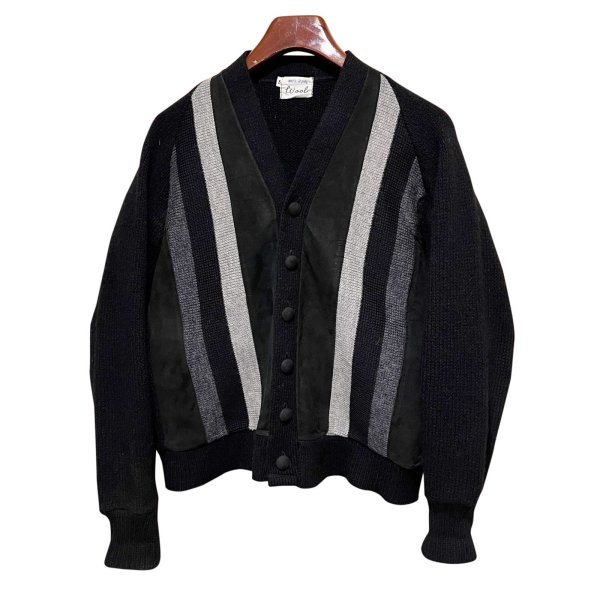 画像1: 70’s ビンテージ【WOOL】ウール【スエードｘグレーｘチャコールｘ白】ライン 黒 カーディガン【サイズＳ】 
