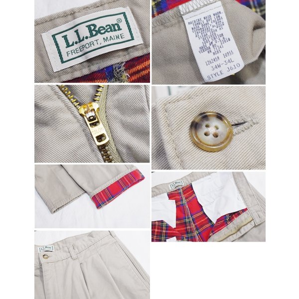 画像2: ~90's【USA製】【ビンテージ】【L.L.Bean】【エルエルビーン】【裏地赤チェック】【コットンパンツ】2タック【カーキ】【34×34】 