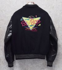 〜80’ｓ USA製【DeLONG】デロング【ビンテージ】The Be-Bop Cafe【メルトンｘレザー】【黒】【襟付きスタジャン】【US42】 