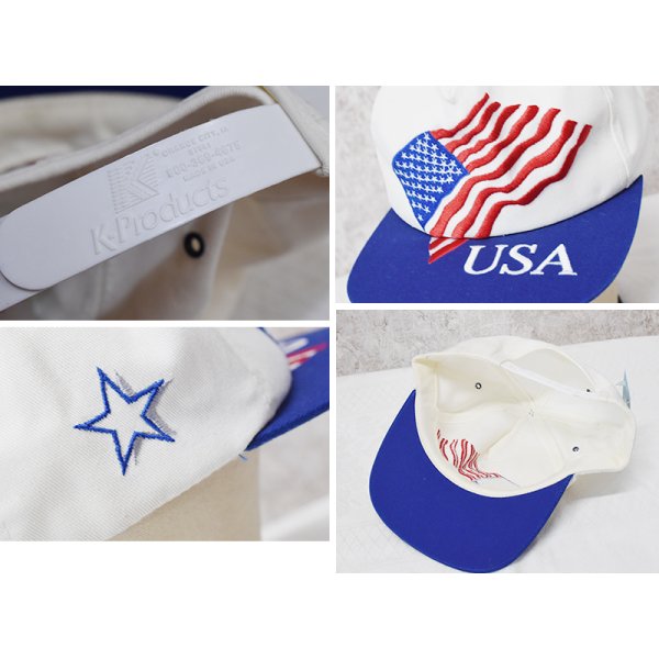 画像2: 【USA製】K-Products【ビンテージ】【アメリカ国旗】刺繍【白×青】BBキャップ【ベースボールキャップ】サイズフリー 