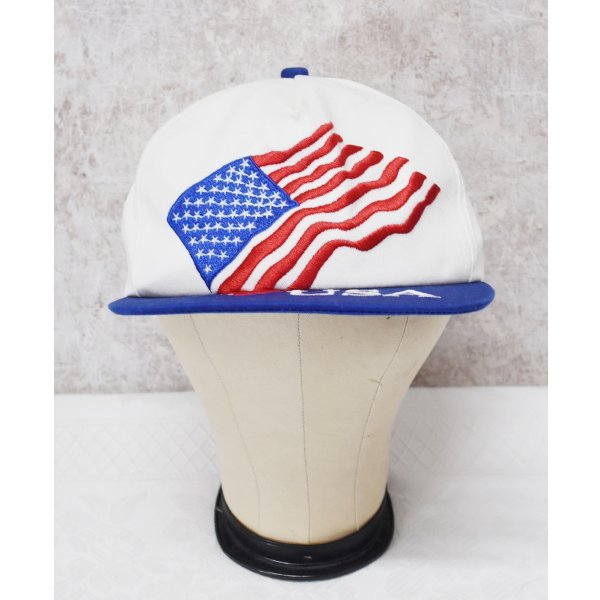 画像1: 【USA製】K-Products【ビンテージ】【アメリカ国旗】刺繍【白×青】BBキャップ【ベースボールキャップ】サイズフリー 
