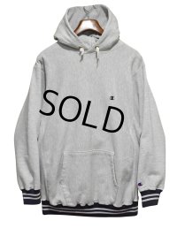 90's【USA製】ビンテージ【チャンピオン】【Champion】【胸ロゴ入り】グレー【リブ黒白ボーダー】【リバースウィーブ】【パーカー】【サイズXXL】 