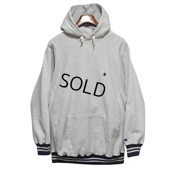 画像1: 90's【USA製】ビンテージ【チャンピオン】【Champion】【胸ロゴ入り】グレー【リブ黒白ボーダー】【リバースウィーブ】【パーカー】【サイズXXL】 